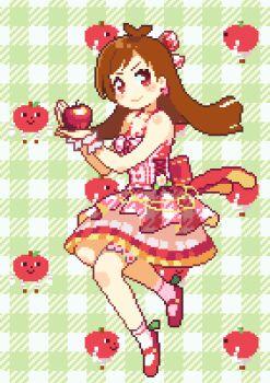 Rule 34 | 1girl, animated, animated gif, antenna hair, apple, blinking, bow, brown hair, checkered background, dress, floating, floating hair, food, frilled dress, frills, fruit, hair bow, holding, holding food, holding fruit, idolmaster, idolmaster cinderella girls, long hair, oyuzaki (ayuzaki), pixel art, red eyes, ringorou (idolmaster), solo, tsujino akari