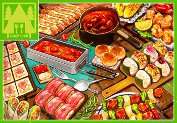 Rule 34 | bell pepper, bell pepper slice, border, bread bun, cherry tomato, chicken (food), corn, cracker, doner kebab, doner sandwich, food, food focus, fork, fried chicken, fruit, frying pan, green bell pepper, green border, grilled corn, hot dog, ketchup, lemon, lemon slice, mayonnaise, meat, onigiri, original, pasta, plate, shunkashuntou, skewer, spaghetti, spoon, stew, still life, table, tomato, tray, wooden tray