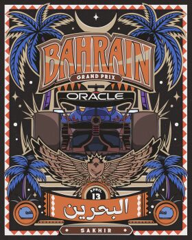 arabic_text bahrain bird car chuangraphics crescent_moon eagle english_text formula_one highres mixed-language_text moon motor_vehicle palm_leaf palm_tree poster_(medium) star_(sky) tree vehicle_request