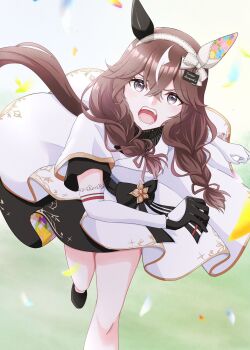 1girl animal_ears braid brown_hair commentary_request curren_bouquetd'or_(umamusume) elbow_gloves gloves grass grey_eyes hair_between_eyes hair_ornament hairband highres horse_ears looking_at_viewer low_twin_braids petals running simple_background solo take20131004 teeth twin_braids umamusume upper_teeth_only