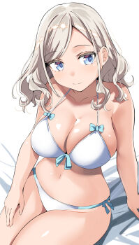 1girl bare_shoulders belko bikini blonde_hair blue_eyes blue_ribbon breasts ceras_yanagida_lilienfeld ceras_yanagida_lilienfeld_(swimsuit) cleavage collarbone front-tie_bikini_top front-tie_top highres large_breasts link!_like!_love_live! long_hair looking_to_the_side love_live! official_alternate_costume ribbon side-tie_bikini_bottom simple_background smile swimsuit thick_thighs thighs white_background white_bikini wide_hips