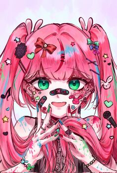 1girl animal_sticker aqua_streaks bandaid bandaid_on_cheek bandaid_on_face bandaid_on_finger bandaid_on_hand bandaid_on_nose black_nails blue_bow blue_nails blush bow bow_earrings bracelet commentary_request corrupted_twitter_file double-parted_bangs dress earclip earrings eyelashes fingernails flower_sticker fortissimo green_bow green_eyes green_nails hair_bow hair_ornament hairclip hanako_nana hands_up heart heart_earrings heart_hair_ornament heart_sticker highres holding holding_own_hair jewelry korean_commentary long_hair looking_at_viewer microphone_hair_ornament multicolored_hair musical_note musical_note_hair_ornament nail_polish open_mouth paint_on_body paint_splatter pearl_bracelet pink_bow pink_hair rabbit_hair_ornament red_bow red_nails signature simple_background smile star_(symbol) star_hair_ornament star_sticker stellive sticker sticker_on_face straight-on streaked_hair string string_of_fate swima_(qoshma1205) too_many_hair_ornaments too_many_stickers twintails upper_body virtual_youtuber white_background x_hair_ornament