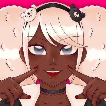 1girl afro_puffs bear_hair_ornament beta_design black_hairband black_headband blonde_hair blue_eyes blush choker close-up collarbone danganronpa_(series) danganronpa_another_episode:_ultra_despair_girls dark-skinned_female dark_skin eyebrows eyelashes female_focus fingernails hair_ornament hairband headband highres long_fingernails looking_at_viewer nail_polish open_mouth pink_background red_nails second_generation_enoshima_junko simple_background solo teeth upper_teeth_only