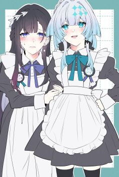 2girls alternate_costume apron back_bow badge black_bow black_dress black_hair black_thighhighs blue_border blue_bow blue_bowtie blue_eyes blue_hair blunt_bangs blush border bow bowtie braid bright_pupils buttons cerydra_(honkai:_star_rail) character_name checkered_background clenched_hand closed_mouth collared_dress colored_inner_hair commentary_request cowboy_shot diamond-shaped_pupils diamond_(shape) dress earclip earrings enmaided frills gradient_hair hair_between_eyes hair_bow hair_ornament hand_on_own_hip headpiece highres holding_another&#039;s_arm honkai:_star_rail honkai_(series) hysilens_(honkai:_star_rail) jewelry juliet_sleeves kosame_0229 lips long_sleeves looking_at_another looking_at_viewer low_ponytail maid multicolored_hair multiple_girls open_mouth outside_border pearl_earrings ponytail puffy_sleeves purple_bow purple_bowtie purple_eyes purple_hair sidelocks single_earring smile sparkle standing sweatdrop symbol-shaped_pupils thighhighs tongue white_apron white_background white_bow white_hair white_pupils