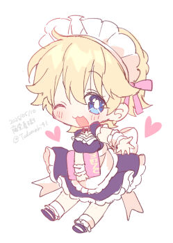 1girl apron black_dress blonde_hair blue_eyes blush bow breasts dress frilled_dress frilled_skirt frilled_socks frilled_wrist_cuffs frills heart holding holding_menu lucky_star maid maid_apron maid_headdress mary_janes menu one_eye_closed open_hand patricia_martin pink_bow red_bow shoes short_hair skirt smile socks todomaki41 white_apron white_background white_bow wrist_cuffs