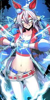 1girl absurdres animal_ears belt blanace blue_eyes blue_hairband blue_jacket blue_sports_bra breasts collarbone commentary_request crop_top ear_covers electricity eye_trail fang fingerless_gloves gloves grey_hair grey_tail grin hair_between_eyes hairband headband highres horse_ears horse_girl horse_tail jacket light_trail lightning lightning_bolt_print lightning_bolt_symbol long_hair long_sleeves looking_at_viewer midriff navel open_mouth pants red_belt red_headband small_breasts smile solo sports_bra striped_clothes striped_hairband tail tamamo_cross_(umamusume) tamamo_cross_(with_lightning_speed)_(umamusume) teeth umamusume umamusume:_cinderella_gray very_long_hair white_pants