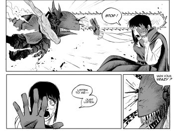 alternate_hair_length alternate_hairstyle black_gloves cape chainsaw chainsaw_devil chainsaw_man commentary english_commentary english_text facial_scar frilled_sleeves frills gloves greyscale highres horns intestine_clothing invincible_(series) monochrome ringed_eyes scar scar_on_cheek scar_on_face scared scarf scene_reference sharp_teeth smoke teeth wilfruit_art yoru_(chainsaw_man)