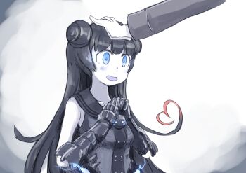 Rule 34 | 10s, 1girl, abyssal admiral (kancolle), abyssal ship, admiral (kancolle), black hair, blue eyes, double bun, dress, enjaku izuku, gauntlets, hair bun, hand on another's head, headpat, heart, heart-shaped hair, highres, kantai collection, light cruiser oni, long hair, open mouth, sailor dress, smile, solo focus, upper body