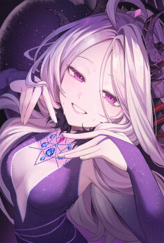1girl absurdres ahoge black_halo blue_archive breasts chuhua commentary demon_girl demon_horns halo highres hina_(blue_archive) horns jewelry long_hair looking_at_viewer pendant purple_eyes small_breasts solo sweat upper_body white_hair