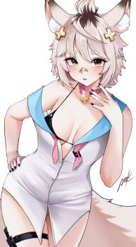 1girl absurdres animal_ears bandaid bandaid_on_face bare_hips black_bra blonde_hair bra breasts cleavage collar cross_hair_ornament fox_ears fox_girl fox_tail hair_ornament highres indie_virtual_youtuber knife_sheath pink_collar pynkmouth sheath shirahiko_(vtuber) shirt short_eyebrows tail thigh_strap thighs underwear virtual_youtuber white_background white_shirt x_hair_ornament