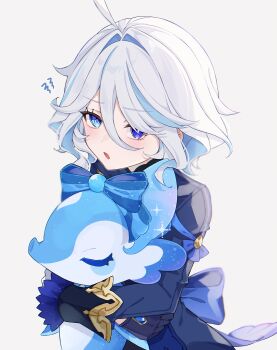 1girl absurdres black_jacket blue_bow blue_eyes blue_hair bow furina_(genshin_impact) genshin_impact hair_between_eyes heterochromia highres jacket long_sleeves looking_at_viewer medium_hair multicolored_hair nya_inuha open_mouth solo streaked_hair surintendante_chevalmarin symbol-shaped_pupils white_hair