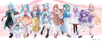 .live 6+girls akabane_(zebrasmise) alternate_costume animal_ear_fluff animal_ears bag bare_shoulders beret black_gloves black_headband black_headwear black_ribbon black_shirt blue_coat blue_eyes blue_hair blue_hoodie blue_jacket blue_ribbon blush bow bowtie box breasts brown_corset brown_hair brown_mittens brown_skirt brown_sweater carro_pino cleavage cleavage_cutout clothing_cutout coat copyright_name corset dennou_shoujo_siro fang full_body fur-trimmed_coat fur_trim gift gift_bag gift_box glass gloves green_bow green_bowtie green_coat green_eyes green_hair hair_ribbon handbag hat headband heart heart-shaped_box height_difference high_ponytail hood hoodie jacket jewelry kagura_suzu_(.live) kakyouin_chieri long_hair low_twintails merry_milk mittens mokota_mememe multiple_girls nanahoshi_milily neck_ribbon necklace one_eye_closed open_clothes open_coat open_mouth pants pink_bag pink_bow pink_bowtie pink_ribbon pink_shirt plaid_clothes plaid_jacket plaid_pants plaid_skirt ponytail purple_eyes purple_hair red-framed_eyewear red_eyes red_scarf ribbed_sweater ribbon rikumu rurun_rururica scarf shirt short_hair skin_fang skirt smile sweater tongue tongue_out twintails valentine virtual_youtuber white_bow white_bowtie white_coat white_headwear white_jacket white_ribbon white_shirt wolf_ears yamato_iori yellow_pants