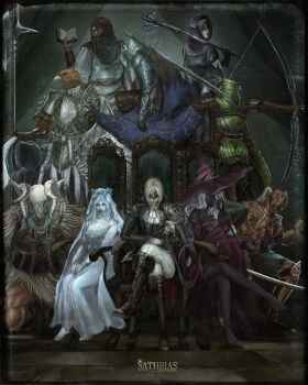 4girls 6+boys absurdres animal_head bird_boy black_capelet black_gloves black_hair black_skin blindfold_mask blonde_hair bloodborne blue_surcoat breasts brother_and_sister capelet chair colored_eyelashes colored_skin dark_skin dark_souls_(series) dark_souls_i dark_souls_iii dress duchess_(elden_ring) elden_ring elden_ring_nightreign executor_(elden_ring) gloves green_hood guardian_(elden_ring) hat hat_over_eyes hat_over_one_eye helmet highres hood hood_up ironeye_(elden_ring) jewelry large_hat long_hair looking_at_viewer mask multiple_boys multiple_girls purple_hat purple_sleeves raider_(elden_ring) recluse_(elden_ring) revenant_(elden_ring) satsu-strive scholar_(elden_ring) siblings undertaker_(elden_ring) very_dark_skin white_eyelashes witch witch_hat wooden_staff wylder_(elden_ring)