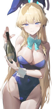 1girl absurdres animal_ears bare_arms bare_shoulders black_halo blonde_hair blue_archive blue_bow blue_bowtie blue_eyes blue_hairband blue_halo blue_leotard blue_streaks blush bottle bow bowtie braid breasts champagne_bottle cleavage closed_mouth commentary covered_navel cowboy_shot detached_collar doodle_sensei_(blue_archive) drulle11 earrings fake_animal_ears fingernails groin hairband half_up_braid halo hands_up highleg highleg_leotard highres holding holding_bottle jewelry large_breasts leotard long_hair multicolored_hair multicolored_halo official_alternate_costume playboy_bunny rabbit_ears sensei_(blue_archive) simple_background solo standing strapless strapless_leotard streaked_hair stud_earrings tape toki_(blue_archive) toki_(bunny)_(blue_archive) two-tone_halo very_long_hair white_background wrist_cuffs