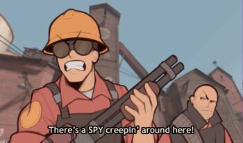 2boys ammunition_belt angry bald beard_stubble black_overalls black_vest blue_sky building cable clear_sky clenched_teeth closed_mouth collared_shirt collared_vest commentary engineer_(tf2) english_text eyebrows_visible_through_hat facial_hair fence frontier_justice frown fujimna goggles gun hanging_light hard_hat hat heavy_(tf2) helmet highres holding holding_gun holding_weapon in-universe_location looking_at_another looking_to_the_side multiple_boys mustache_stubble open_mouth overalls popped_collar pump_action raised_eyebrow red_engineer_(tf2) red_heavy_(tf2) red_shirt shirt shotgun sideburns_stubble sky sleeves_rolled_up stubble symbol-only_commentary t-shirt team_fortress_2 teeth v-shaped_eyebrows vest weapon weather_vane white_shirt window wooden_wall yellow_hat