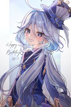 1girl absurdres ahoge blue_eyes blue_hair blue_hat blue_jacket blush chabi009 drop-shaped_pupils furina_(genshin_impact) genshin_impact happy_birthday hat heterochromia highres jacket long_hair looking_at_viewer looking_back multicolored_hair smile solo symbol-shaped_pupils teeth top_hat upper_body white_hair