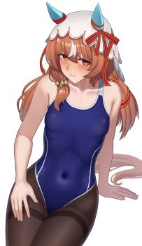 Rule 34 | 1girl, absurdres, animal ears, arm support, bakkasu150, bare arms, bare shoulders, black pantyhose, blue one-piece swimsuit, blush, bow, breasts, brown hair, collarbone, commentary request, competition swimsuit, covered navel, ear covers, ear ribbon, hair between eyes, hair ornament, highres, horse ears, horse girl, horse tail, long hair, looking at viewer, multicolored hair, one-piece swimsuit, pantyhose, pantyhose under swimsuit, parted bangs, red eyes, ribbon, school swimsuit, simple background, small breasts, smile, solo, still in love (umamusume), streaked hair, swimsuit, tail, thighband pantyhose, umamusume, veil, white background, white streaks, white veil
