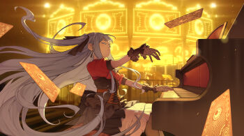 1girl absurdres bang_dream! bang_dream!_it&#039;s_mygo!!!!! black_corset black_gloves black_pantyhose black_ribbon black_skirt blue_hair card carousel chinese_commentary closed_eyes closed_mouth commentary_request corset earrings floating_hair frilled_skirt frills gloves grand_piano hair_ribbon highres instrument jewelry killkiss_(bang_dream!) layered_skirt long_hair music oblivionis_(bang_dream!) pantyhose piano playing_instrument pleated_skirt puffy_short_sleeves puffy_sleeves red_shirt ribbon shirt short_sleeves sitting skirt solo togawa_sakiko two_side_up white_skirt yazato_ichimushi