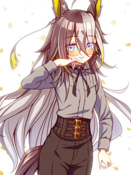 1girl ahoge animal_ears belt black_pants black_ribbon blue_eyes blush brown_hair commentary_request dream_journey_(casual)_(umamusume) dream_journey_(umamusume) eyewear_strap gem glasses grey_shirt hair_between_eyes high-waist_pants highres horse_ears horse_girl horse_tail long_hair long_sleeves looking_at_viewer multicolored_hair neck_ribbon pants parted_lips purple_gem ribbon shirt smile solo streaked_hair sugimotty_nova tail umamusume white_hair