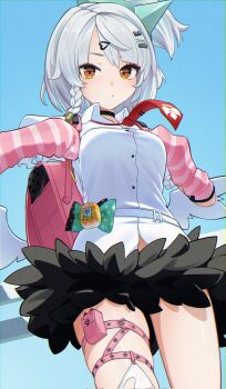 Rule 34 | 1girl, akaika (aka), anby demara, arm warmers, bag, bandaid, bandaid hair ornament, black choker, blue background, braid, breasts, choker, commentary request, cosplay, from below, fur-trimmed skirt, fur trim, grey hair, hair ornament, heart, heart hair ornament, highres, medium breasts, multiple hair clips, necktie, open mouth, orange eyes, pink arm warmers, pink bag, red necktie, shirt, short hair, single braided sidelock, skirt, solo, striped arm warmers, sunna (zenless zone zero), sunna (zenless zone zero) (cosplay), white shirt, white wings, winged bag, wings, zenless zone zero