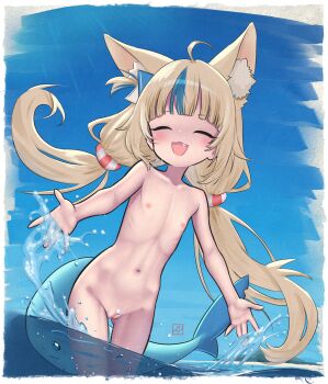 1girl absurdres ahoge animal_ear_fluff animal_ears blonde_hair blush breasts cat_ears censored closed_eyes completely_nude elementary_(lolipope) fang fins fish_tail gluteal_fold groin highres indie_virtual_youtuber loli long_hair low_twintails multicolored_hair navel nipples nude open_mouth outdoors pussy sameko_saba small_breasts smile solo splashing stomach streaked_hair tail thigh_gap thighs twintails virtual_youtuber wading water