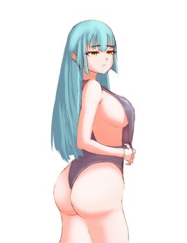 1girl absurdres ass blue_hair blunt_bangs bob_cut breasts eiyuu_densetsu from_side highres hime_cut huge_ass kuro_no_kiseki_(series) large_breasts one-piece_swimsuit r_thors risette_twinings sideboob simple_background solo swimsuit upper_body white_background yellow_eyes