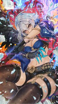 1girl ahoge asymmetrical_wings black_gloves black_shorts blue_bra blue_hands blue_jacket bra breasts broken_glass criss-cross_straps cropped_jacket feathered_wings galbrena_(wuthering_waves) glass gloves gun highres holding holding_gun holding_weapon jacket large_breasts magion02 mismatched_wings mixed-language_commentary navel purple_eyes shorts single_leg_pantyhose single_thighhigh single_wing solo thigh_strap thighhighs underwear very_long_fingernails weapon white_hair wings wuthering_waves