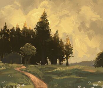 building cabin commentary copyright_request day english_commentary flower grass highres hoshi_umii in-universe_location minecraft_youtube no_humans outdoors painterly path road scenery signature sky tree