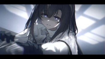 1girl arknights black_hairband bow bowtie brown_hair coat diamond-shaped_pupils diamond_(shape) glitch glowing glowing_eyes grabbing_another's_arm hairband highres id_card lab_coat leaning_forward long_hair long_sleeves looking_at_viewer mebe_(teadia_violet) medium_hair partially_shaded_face priestess_(arknights) prts_logo_(arknights) purple_eyes shirt smile sweater symbol-shaped_pupils turtleneck turtleneck_shirt turtleneck_sweater white_bow white_bowtie white_coat white_sweater yandere