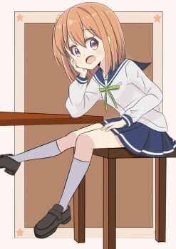 1girl blue_sailor_collar blue_skirt chair female_focus hair_between_eyes hair_ornament hand_on_own_face koisuru_asteroid konohata_mira long_sleeves looking_at_viewer medium_hair multicolored_eyes open_mouth orange_hair qb_(qb46311027) ribbon sailor_collar school_uniform serafuku shirt shoes sitting skirt socks solo star_(symbol) star_hair_ornament table white_shirt white_socks