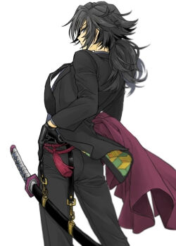 1boy alternate_costume belt black_belt black_gloves black_hair black_jacket black_necktie black_pants blue_eyes closed_mouth commentary_request from_behind gloves hair_between_eyes half-closed_eyes jacket katana kikkoumon kimetsu_no_yaiba long_hair looking_at_viewer low_ponytail male_focus necktie pants ponytail shishou_(xxsisyou) solo standing sword tomioka_giyuu weapon