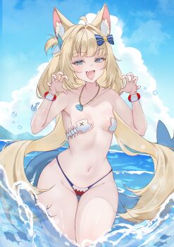 1girl absurdres ahoge animal_ears ayrinsama bikini bikini_bottom_only blonde_hair blue_bikini blue_eyes blue_sky blue_streaks blunt_bangs breasts cat_ears claw_pose cleavage cloud commentary day fins fish_girl fish_tail hands_up highres indie_virtual_youtuber jewelry low_twintails multicolored_hair navel necklace ocean one_side_up outdoors sameko_saba shell shell_necklace sky small_breasts solo stomach streaked_hair swimsuit tail thigh_gap twintails virtual_youtuber wading white_streaks