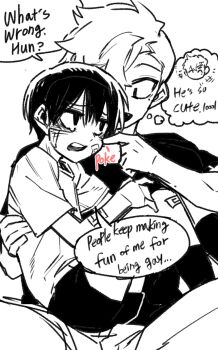 2boys bags_under_eyes bandage_on_face bandages bandaid cheek_poking english_text highres jeong_surim lee_hoon male_focus multiple_boys open_mouth parkgee poking sanpaku smile speech_bubble suicide_boy tearing_up thought_bubble yaoi