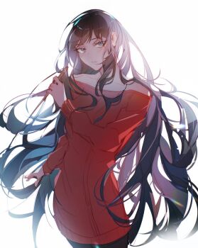 1girl ado_(utaite) bare_shoulders black_hair blue_eyes blush chando_(ado) closed_mouth cosplay cowboy_shot dress eyelashes highres holding holding_weapon ideksams long_hair long_sleeves red_dress simple_background solo spy_x_family sweater sweater_dress very_long_hair weapon white_background yor_briar yor_briar_(cosplay)