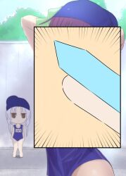 Rule 34 | 2girls, angel beats!, arms at sides, blue one-piece swimsuit, blush, bow, character name, chibi, chibi inset, closed mouth, commentary request, cowboy shot, cross-section, day, emphasis lines, expressionless, green bow, hair bow, hand sonic, jitome, lelie (lelie link), long hair, looking at another, multiple girls, nakamura yuri, one-piece swimsuit, outdoors, paid reward available, purple hair, school swimsuit, standing, swim cap, swimsuit, tachibana kanade, white hair