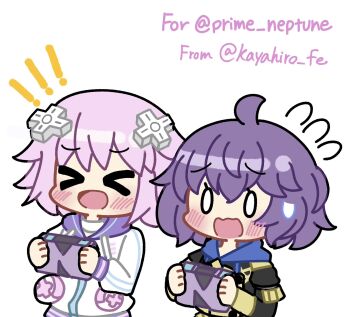 ! !! >_< 2girls ahoge bernadetta_von_varley blush controller d-pad d-pad_hair_ornament fire_emblem fire_emblem:_three_houses game_controller garreg_mach_monastery_uniform hair_ornament highres hiro_kayama holding hood hoodie jewelry long_sleeves multiple_girls neck_ring neptune_(neptunia) neptune_(series) nintendo open_mouth purple_hair short_hair simple_background white_background