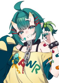 1girl absurdres ahoge asymmetrical_sleeves bandaid bandaid_on_arm bandaid_on_cheek bandaid_on_face bandaid_on_shoulder black_collar bone_hair_ornament bracelet chain chio_chompi claws clothes_writing collar commentary dinosaur_girl english_commentary green_eyes green_hair green_nails hair_ornament hairclip highres horns jewelry looking_at_viewer multicolored_hair pixellink pointy_ears sharp_teeth short_eyebrows short_hair solo spiked_bracelet spikes teeth transparent_background two-tone_hair valefal_coneri virtual_youtuber