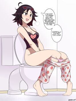 1girl ahoge barefoot bathroom black_hair black_shirt blush bow bow_panties breasts breath brown_eyes cleavage clothes_pull collarbone dangerking11 eyewear_on_head gradient_hair heart heart_print highres mask masturbation medium_breasts multicolored_hair open_mouth pajamas panties pants pants_pull panty_pull pink_bow pink_panties polka_dot polka_dot_pants print_mask print_shirt puff_of_air red_hair rooster_teeth ruby_rose rwby shirt short_hair sitting sleep_mask smile speech_bubble sweat tank_top thought_bubble toilet two-tone_hair underwear white_pants