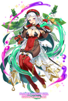 1girl bag basil_(flower_knight_girl) basil_leaf boots braid breasts colored_inner_hair company_name copyright_name covered_navel flower_knight_girl full_body garter_straps gloves green_hair hair_ornament handbag hands_up hat high_heels highres large_breasts leaf long_hair multicolored_hair official_art purple_eyes red_gloves red_hat santa_hat snake solo thigh_boots very_long_hair vulture_(washizu0808) white_hair