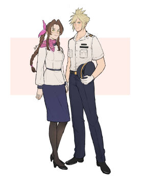 1boy 1girl aerith_gainsborough artist_name black_hat black_pants black_pantyhose black_shoes blonde_hair blue_eyes blue_skirt border braid braided_ponytail breasts brown_hair closed_mouth cloud_strife collared_shirt commentary english_commentary final_fantasy final_fantasy_vii final_fantasy_vii_remake full_body gloves green_eyes hair_ribbon hat high_heels highres holding holding_unworn_clothes holding_unworn_hat jacket lida_(lidalida04) light_smile long_hair long_sleeves medium_breasts neckerchief official_alternate_costume pants pantyhose parted_bangs parted_lips pink_background pink_neckerchief pink_ribbon ribbon shirt shoes short_hair short_sleeves sidelocks single_braid skirt spiked_hair standing unworn_hat unworn_headwear white_border white_gloves white_jacket white_shirt