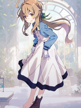 1girl akayama_yukihe blush braid brown_eyes brown_hair embarrassed gloves highres long_hair looking_at_viewer monica_everett open_mouth shoes side_braid silent_witch single_shoe solo white_gloves