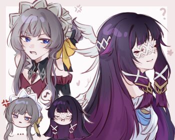 ... 2girls ? anger_vein black_collar black_hair blue_eyes bonnet brown_hair closed_eyes closed_mouth collar columbina_(genshin_impact) commentary detached_collar detached_sleeves eye_mask frilled_sleeves frills genshin_impact hair_ribbon head_wings highres long_hair looking_at_another mask multicolored_hair multiple_girls musical_note open_mouth ribbon sandrone_(genshin_impact) smile spoken_musical_note symbol-only_commentary two-tone_hair upper_body white_background white_ribbon white_wings wings yulu_7777