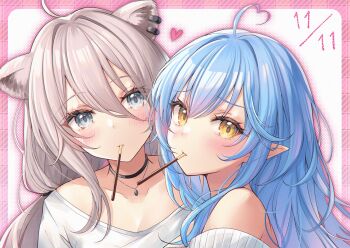 2girls ahoge animal_ears bare_shoulders blue_hair border dated elf grey_hair heart heart_ahoge hololive lion_ears lion_girl long_hair mirukurim mouth_hold multiple_girls off-shoulder_sweater off_shoulder pink_border pocky_day pointy_ears shirt shishiro_botan simple_background solo sweater upper_body very_long_hair white_background white_shirt white_sweater yellow_eyes yukihana_lamy