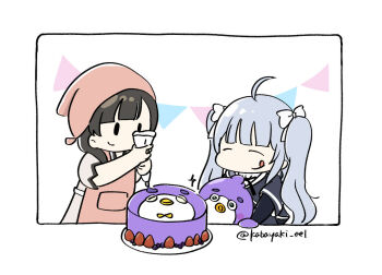 Rule 34 | 2girls, :o, :q, ^ ^, ahoge, apron, assault lily, black hair, black ribbon, blunt bangs, bow, brown shirt, cake, character-themed food, chibi, closed eyes, closed mouth, cropped jacket, food, food awe, fruit, grey hair, hair bow, hand on table, hands up, headscarf, holding, holding pastry bag, inset border, kabayaki (kabayaki eel), layered sleeves, long hair, long sleeves, looking at food, miriam hildegard von gropius, mon-chan (assault lily), multiple girls, neck ribbon, non-humanoid robot, outside border, pastry bag, pennant, red apron, red headscarf, ribbon, robot, robot animal, robot bird, school uniform, shirt, short sleeves, simple background, smile, solid oval eyes, sparkle, strawberry, string of flags, tongue, tongue out, twintails, twitter username, upper body, very long hair, wang yujia, white background, white bow, white shirt, yurigaoka girls academy school uniform