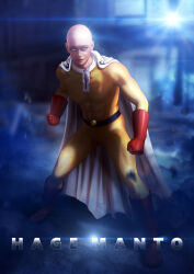 Rule 34 | 1boy, bald, belt, black belt, black eyes, bodysuit, cape, clenched hands, closed mouth, commentary request, formal, gloves, looking at viewer, male focus, one-punch man, red gloves, saitama (one-punch man), solo, standing, suit, tai (2vs), white cape, yellow suit