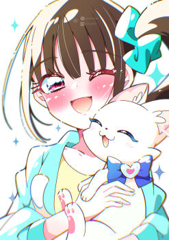 Rule 34 | 1girl, absurdres, animal, aqua scrunchie, aqua shirt, black hair, blue bow, blue bowtie, bow, bowtie, cat, closed eyes, commentary, hair ornament, hair scrunchie, happy, highres, holding, holding animal, long sleeves, medium hair, nekoyashiki mayu, nekoyashiki yuki, nekoyashiki yuki (cat), one eye closed, open mouth, pixiv username, potacure, precure, purple eyes, scrunchie, shirt, side ponytail, smile, solo, sparkle, twitter username, white background, wonderful precure!