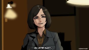 ... 1girl ? anton_chigurh artist_name black_hair black_pants blue_eyes blue_jacket bob_cut brown_shirt buttons commentary english_commentary english_text evil_smile feet_out_of_frame genderswap genderswap_(mtf) gun highres indoors jacket k3nnyn3v lamp light_smile long_sleeves medium_hair no_country_for_old_men open_clothes open_jacket open_mouth pants photo-referenced pocket shadow shirt sidelighting sitting smile straight_hair subtitled wall_lamp weapon wing_collar