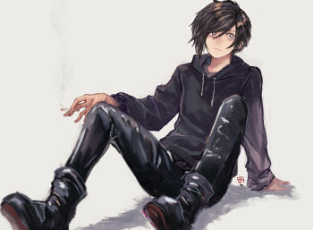 Rule 34 | 1boy, bags under eyes, black boots, black hair, black hoodie, black pants, boots, cigarette, closed mouth, commentary request, highres, holding, holding cigarette, hood, hood down, hoodie, long sleeves, looking to the side, male focus, pants, sebastian (stardew valley), short hair, simple background, sitting, skinny jeans, solo, stardew valley, white background, white eyes, yacco