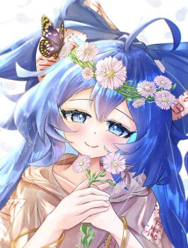 absurdres blue_eyes blue_hair blue_ribbon bug butterfly commentary_request flower hair_flower hair_ornament highres insect light_smile long_hair looking_at_viewer mynmyn5089 portrait ribbon straight-on touhou yorigami_shion