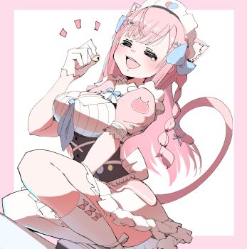 1girl =_= animal_ears animal_print bell blue_bow blue_ribbon blush bow braid breasts cat_ears cat_girl cat_hair_ornament cat_print cat_tail cleavage cleavage_cutout closed_eyes clothing_cutout dress extra_ears gloves hair_bow hair_ornament hairclip happy_tears highres holding holding_bell indie_virtual_youtuber jingle_bell large_breasts long_hair maid maid_headdress neck_ribbon on_one_knee open_mouth pink_background pink_bow pink_dress pink_hair pink_tail ribbon short_sleeves single_sock single_thighhigh smile socks solo star_(symbol) star_hair_ornament suo_(esu) tail tail_ornament tail_ribbon tears thighhighs thighs virtual_youtuber white_background white_gloves white_socks white_thighhighs yuuki_sakuna